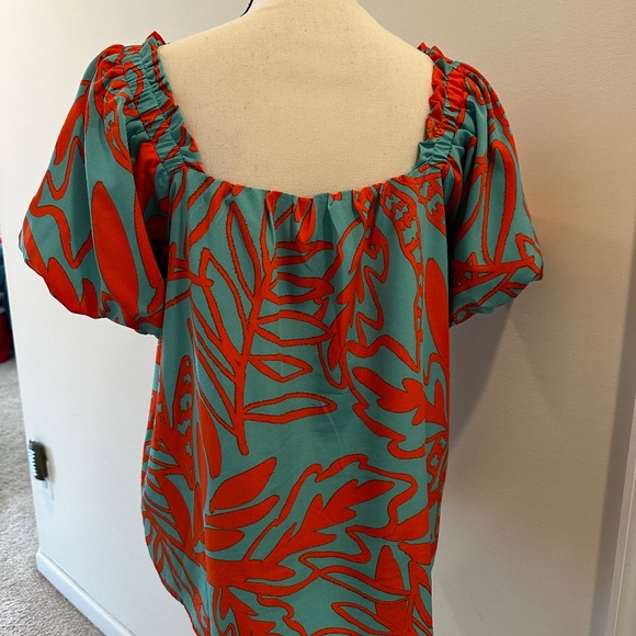 Jade Green and Orange Silky Blouse, Sz Sm - Picture 2 of 5